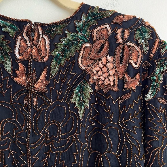 Elegant Vintage beaded bodysuit embellished unique 80s silk floral sequin event - Picture 9 of 16